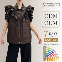 Veste en cuir marron foncé sans manches, veste en cuir avec épaules à volants, un choix parfait pour les tenues décontractées