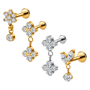 Boucles d'oreilles tendance en titane G23 16G avec <span class=keywords><strong>double</strong></span> fleur CZ pendante et dos plat, pour <span class=keywords><strong>piercing</strong></span> d'<span class=keywords><strong>oreille</strong></span>, labret, lèvre, hélix, <span class=keywords><strong>tragus</strong></span>, bijoux de fête - Product Image 1