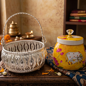 <b>Metal</b> Spice Jar With Floral Design Yellow Round <b>Container</b> With Handle And <b>Metal</b> Basket For Kitchen Storage - Product Image 6