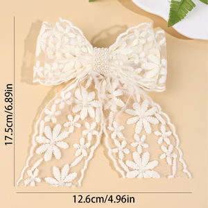 CN Lange Netz-Haarspange Weiße Perle Spitze Übergroße Schleife Hohle Tüll-Haarklammer für Mädchen und Frauen - Product Image 5