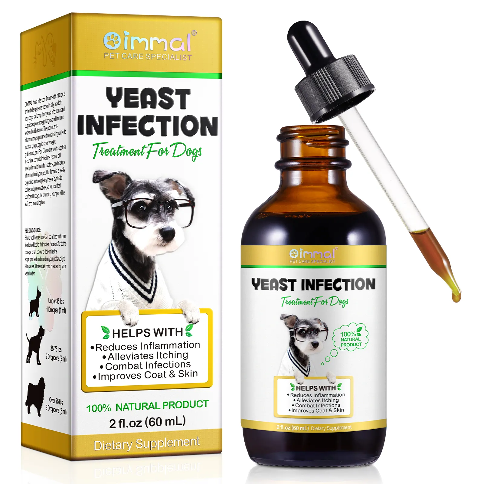 Oimmal Natural Liquid Drops Cellular Health Support Yeast Infection Treatment For Dogs Improves Coat Skin Allergy & Itch Relief