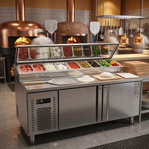Meilleures ventes : Équipement commercial multifonction en acier inoxydable à température unique pour la préparation de pizzas, salades et sandwichs, avec fonction congélateur, à alimentation directe - Product Image 5