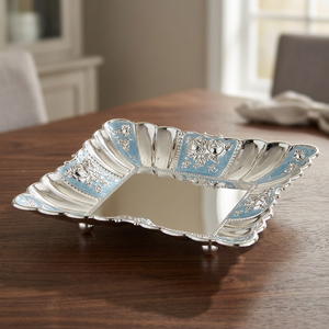 Elegant Polished Metal <b>Serving</b> <b>Tray</b> With Floral Pattern Blue Accents Residential Use - Product Image 6