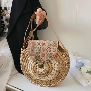 Yuvarlak saman el yapımı hasır çanta handwoven deri kapak saman torbaları yuvarlak crossbody omuz çantaları