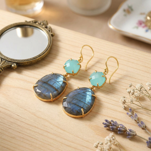 Natural Labradorite Chalcedony Drop <b>Earrings</b> Brass 18k Gold Plated Hexagon & Egg Shape Gemstone <b>Earring</b> Women Fashion Jewelry - Product Image 5