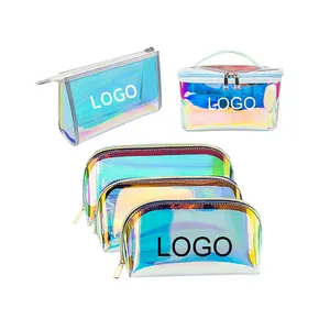 Logotipo personalizado luxo impermeável tpu maquiagem saco ziplock meninas compõem embalagem holográfica bolsa iridescente holograma cosméticos sacos