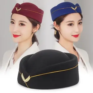 Airline Stewardess Sexy Formal Uniform Hat Caps Roll Play Halloween Party Cosplay Cap Wool Felt Air Hostesses Beret Hat