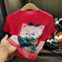T-shirt d'été plissé en polyester imprimé motif chat mignon, coupe ample et respirante pour femme