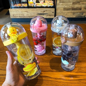 Kids Creative Animal Pattern Drinking Cup Large Capacity Include Straw Trending Plastic Crystal Water Bottle