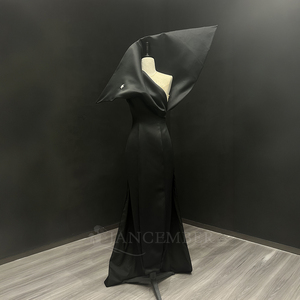 Nt149 <b>Black</b> Evening Dress Oversized Asymmetric Collar Satin Sheath Formal Gown With Front Slit for Party Banquet Jancember - Product Image 2