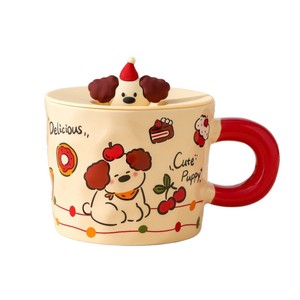 Zuo Mu Tasse en céramique avec couvercle 350 ml, résistante à la chaleur, motif chiot mignon, cadeau parfait pour les femmes, tasse à café de bureau - Product Image 1