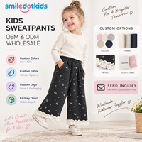 Pantalon large personnalisé pour enfants Smiledotkids, gris foncé, imprimé floral, ourlet en dentelle, taille élastique, OEM ODM, vente en gros pour tout-petits