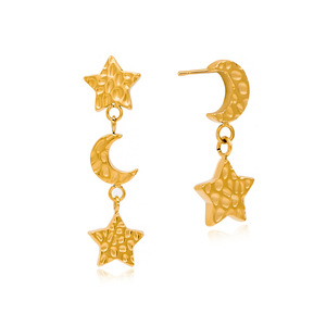 Boucles d'oreilles pendantes étoile et lune en acier inoxydable martelé, bijoux fantaisie géométriques - Product Image 5