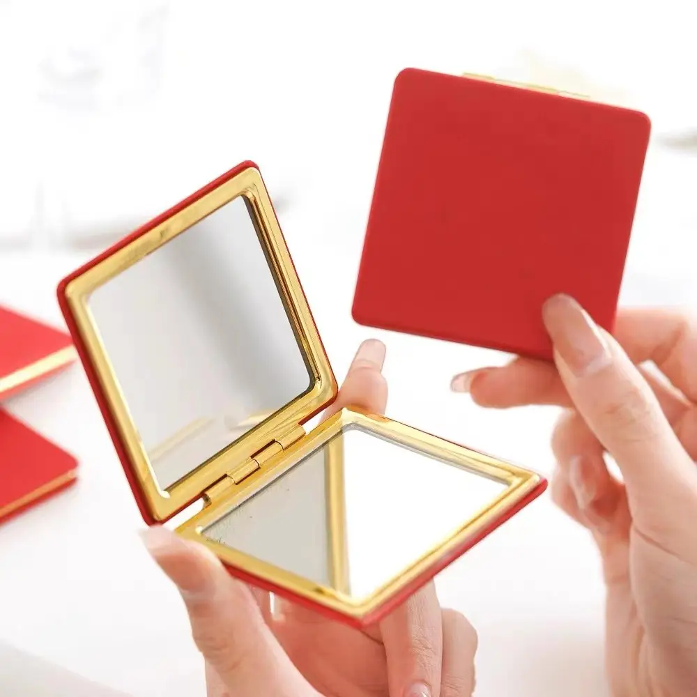 Presente promocional Double Sides Custom Portable Folding Metal Red Gold Cosmetic Pocket Mirror Travel Makeup Mirror
