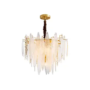 H65黄铜吊灯柱现代时尚豪华光泽水晶灯，用于家庭酒店装饰北欧简约E14照明灯具