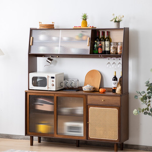 Japanese Style <b>Sideboard</b> Walnut Color Fluted Glass Cabinet Kitchen <b>Storage</b> Tall Cabinet For Home Use - Product Image 2