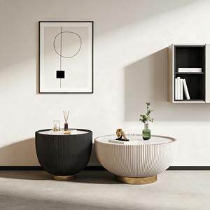 Tavolino da Caffè Moderno Minimalista a Forma di Tamburo con Angoli Arrotondati, Piano in Pietra Sinterizzata Bicolore Nero e Bianco, Arredamento per <span class=keywords><strong>Soggiorno</strong></span> - Product Image 1