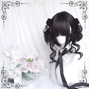 DM Women's Full Head Wig Black Short Straight Cosplay Hairpiece With Floral <b>Bun</b> Glueless Kanekalon Fiber Henan Origin - Product Image 3