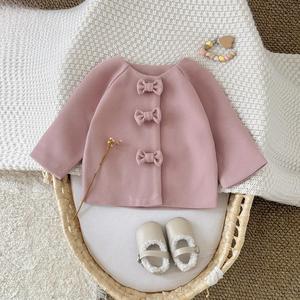 Manteau Doux et Confortable en Peluche pour Bébé Fille, Hiver, avec Nœud sur le Devant, Coupe Trapèze, Manches Raglan, Col Rond, Rose Poudré, Chaud, pour Enfants - Product Image 1