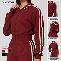 Dingtai Sweat-shirt à capuche pour femme, coupe courte, zippé, avec manches à bandes contrastantes, ourlet côtelé, en molleton chaud, style coupé-cousu, vêtement de détente
