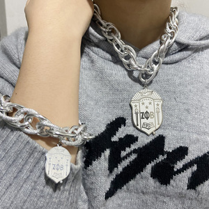 Senza appannamento Zeta Phi Beta argento acciaio inossidabile ciondolo da donna grande collana a catena spessa girocollo bracciale Set gioielli - Product Image 5