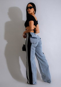 Nouveau design 2024, <span class=keywords><strong>jean</strong></span> décontracté à patchwork, jambes larges, taille haute, extensible, longueur entière, coupe droite, pantalon en <span class=keywords><strong>jean</strong></span> pour femmes - Product Image 3