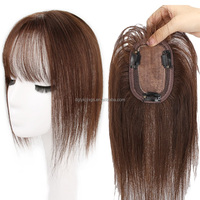 Postizo de Pelo Humano para Coronilla HE07 con Flequillo Recto 8x12cm 8 y 12 Pulgadas con 3 Clips y Base de Seda para Mujer