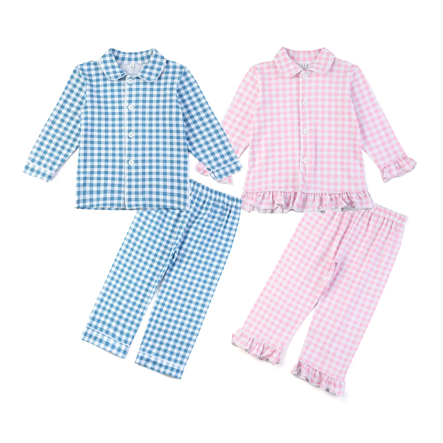 Neues Design Frühling Langarm Gingham Strick Baumwolle Nachtwäsche Osterhase Kinder Pyjama Set