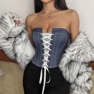Damen Blumenmuster Kunstdenim Gestricktes Kurzes Spitzen-Tube-Top Trägerloses Bustier Atmungsaktives Push-Up Tanktop Y2K Streetwear - Product Image 1