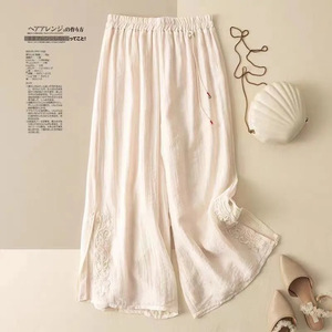 Nouvelle Arrivée - <span class=keywords><strong>Pantalon</strong></span> Cropped Ample en Coton et Lin Brodé Style National <span class=keywords><strong>Chinois</strong></span> Vintage pour <span class=keywords><strong>Femme</strong></span> - Été <span class=keywords><strong>Traditionnel</strong></span> - Product Image 1