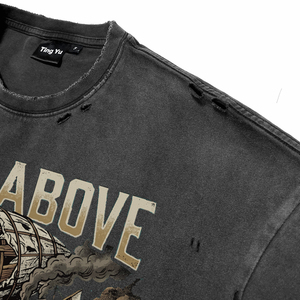 T-shirts pour hommes vintage délavés à l'acide, style steampunk, avec motif d'airship, coupe ample et oversize, imprimé lettres, respirant - Product Image 3