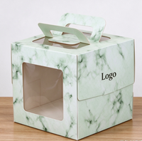 Boîte à gâteau personnalisée de nouvelle conception, biodégradable, de qualité alimentaire, en papier marbré vert clair avec poignée et fenêtre transparente