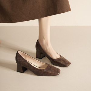 5688F Square Toe Pumps Medium <b>Block</b> Heel Suede Women's Shoes Korean Style Comfort Fit Solid Color Dress Shoes - Product Image 3