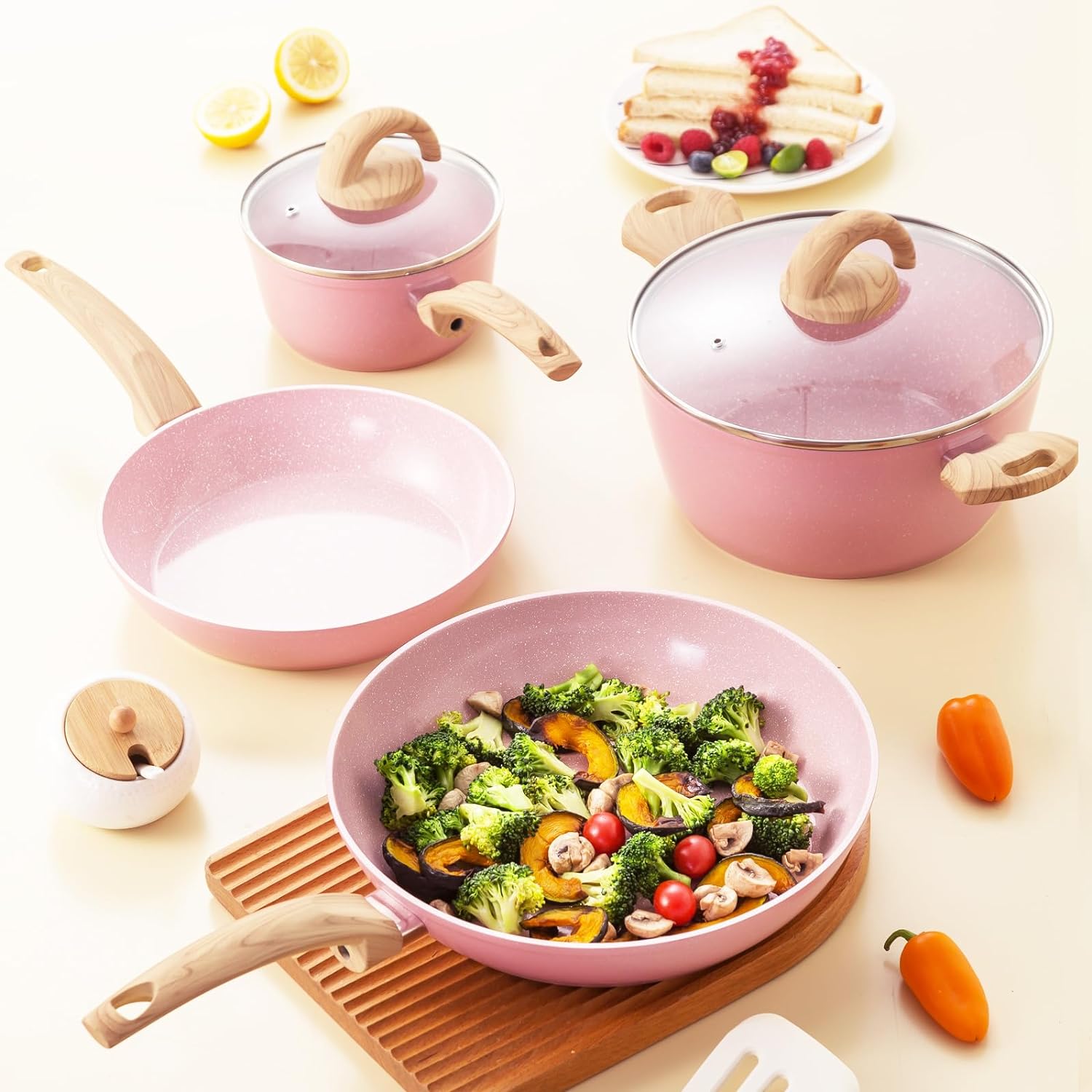 Set Di 5 Pentole E Padelle In Ceramica Rosa Cipria Con Rivestimento Antiaderente Grigio Scintillante – Compatibili Con Induzione E Tutti I Piani Cottura, Senza PTFE E PFOA, Manici Termoresistenti - 2