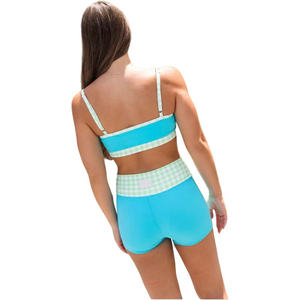 KY Women Contrast Gingham Trim 2 Piece Active <strong>Set</strong> Spaghetti Strap <strong>Square</strong> Neck Crop Tank High Waist Biker Shorts Yoga <strong>Set</strong> - Product Image 2