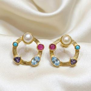 Multi Gemstone Gold Plated Brass <b>Stud</b> <b>Earrings</b>, Pearl Ruby Blue Topaz Iolite <b>Turquoise</b> For Women's Everyday Wear - Product Image 2