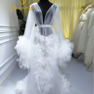 S0292N 2025 Abito da Sera Premaman con Scollo a V in Tulle, Scialle Lungo in Chiffon con Decorazioni in Pizzo - Product Image 1