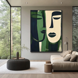 <span class=keywords><strong>Peinture</strong></span> murale abstraite figurative sur toile peinte à la main, visages superposés, portrait moderne vert pour agence créative - Product Image 5