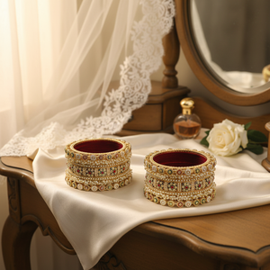 Elegant Velvet Bridal Bangles and Pearl <b>Bracelets</b> <b>Set</b> Premium Wedding Accessory Designer Jewelry Collection - Product Image 3