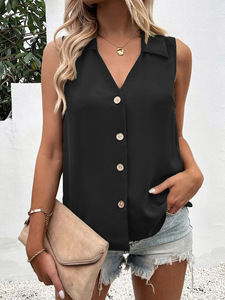 Atasan Kantor Wanita Tanpa Lengan Warna Solid Berkualitas Tinggi, Kemeja Vest V-neck, Blus Musim Panas untuk Wanita - Product Image 5