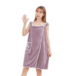 Factory Multicolor High Quality Fashion Women Girls Bath Dress Wearable Microfiber Coral Fleece Soft Skin Bathrobe Towel