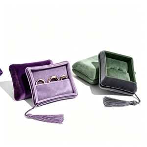 Square Velvet Ring <b>Boxes</b> With Handmade Tassel Closure Wholesale Soft Plush Velvet Interior For Wedding Band - Product Image 2