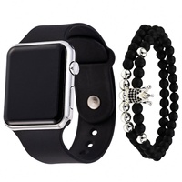 Y973 Set jam tangan LED olahraga pria, dengan 2 buah gelang manik-manik Set hadiah jam tangan Digital silikon persegi reloj hombre