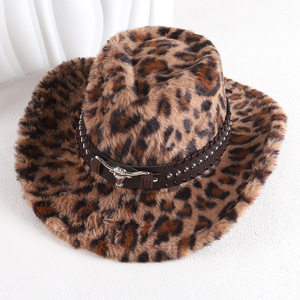 ZhenXi Leopard Print Plush Cowboy <b>Hat</b> M56-58cm With Bull Head <b>Band</b> Western Fashion <b>Hat</b> - Product Image 2