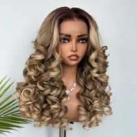 Perruque en dentelle frontale 13*6 en lin, sans colle, blonde, synthétique, à porter et à aller, longue et bouclée, en fibre Latisha, mélange de cheveux