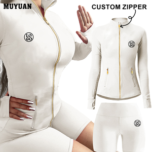 Ensemble de vêtements de sport pour femmes, short de cycliste taille haute uni avec veste zippée à manches longues, nylon et élasthanne, yoga, course à pied, salle de sport - Product Image 1