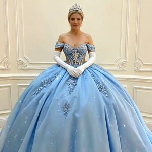 2026 플래너 빛나는 라이트 블루 오프 숄더 크리스탈 Quinceanera 원피스 바닥 길이 Vestidos 로얄 볼 가운 사용자 정의 - Product Image 3