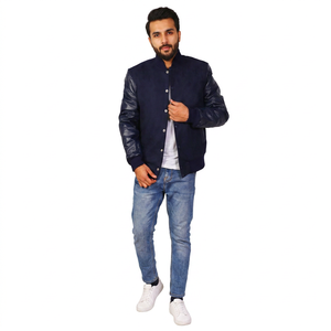 Customized Logo Men's Stand Collar Embroidered Front Polyester/Cotton Blend Breathable <b>Fleece</b> Lined Varsity Jacket - Product Image 1