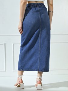 Jupe midi décontractée en jean délavé à taille haute, coupe trapèze, avec fente avant - Product Image 4