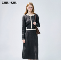 CHIU SHUI Ensemble deux pièces élégant en tricot torsadé pour femme, pull boutonné et jupe midi avec détail nœud